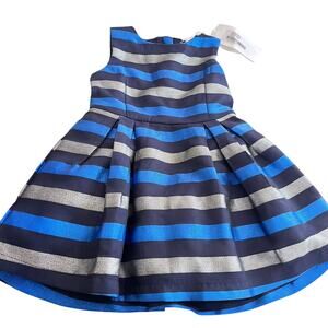 FunFun Girls Holiday Dressy Dress Navy Blue Silver Satiny Stripe Sleeveless NWT